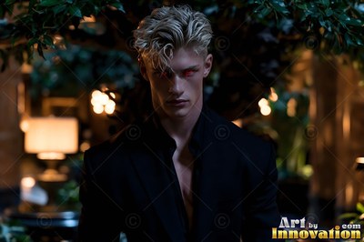 In a dim lobby, a blond vampire man with red eyes stands in a black suit