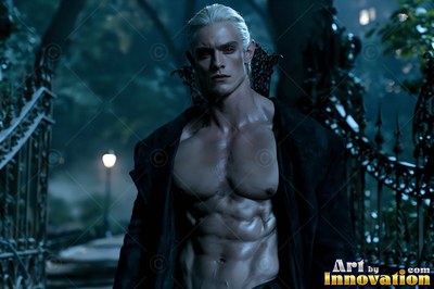 Standing near an iron gate at night, a bare-chested bloodless man wears a dark cloak