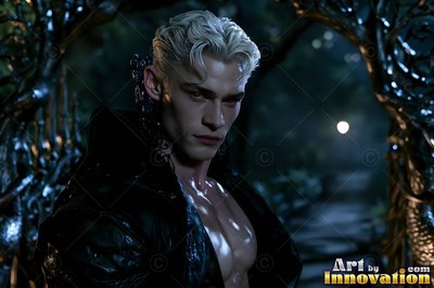 A blond man in an open black coat stands outside at night