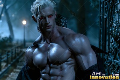 Pale blond hair falls over the brow of a muscular man by an iron gate at night