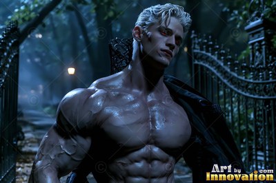 A shirtless blond man stands by an iron cemetery gate in the dim blue night