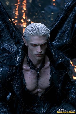 Facing forward above a dark city, a pale man with black wings looks ahead