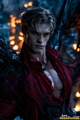 A pale light-haired man with wings stands in an open red shirt at night