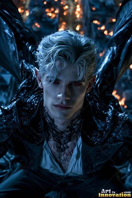 Before blurred city lights, a white-skinned blond man crouches with dark bat wings spread wide