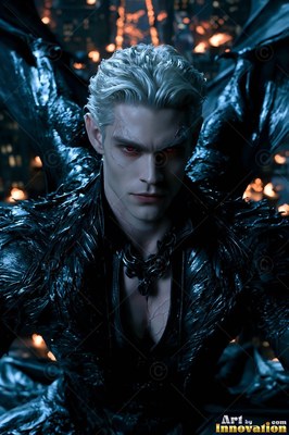 Spreading dark wings, a blond pale red-eyed man stares forward in the night city