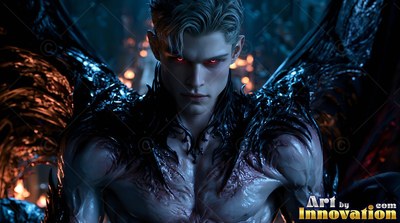 A bloodless man with blood-red eyes and black wings stands at night
