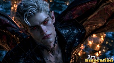 Wavy pale hair frames the red eyes of a winged vampire man outside in the dark night woods