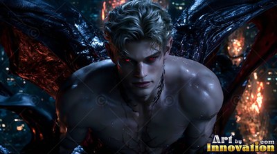 A pallid man spreads dark bat wings behind him as soft city light touches his skin