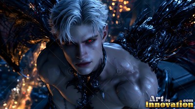 Leaning forward in the dark, a winged blond man looks up with red eyes