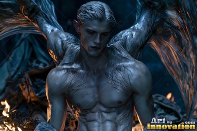 A shirtless white-skinned man with large bat wings looks down in the dark night