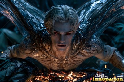 Over a low fire, a winged blond man crawls forward with red eyes