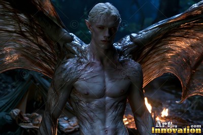 Standing by a campfire at night, a pale, shirtless man spreads brown bat wings