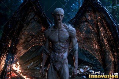 A fair-skinned man with large bat wings stands by a campfire in a forest