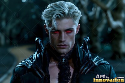 Red eyes stand out on a pale, blond man in a dark coat standing in a night forest