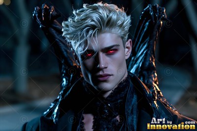 A fair-haired man stares forward as dark wings rise behind him in cool night light