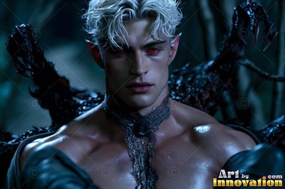 Close-up of a bare-chested blond vampire man whose eyes are red in a dark wood