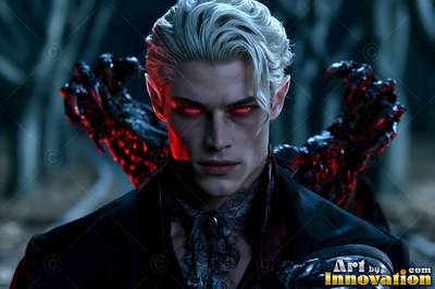 A pale blond man with blood-red eyes stands in the woods with claws behind him
