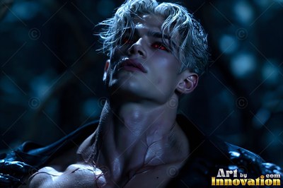 In a dark forest, a pale, fair-haired man whose eyes are red tilts his head up in blue light