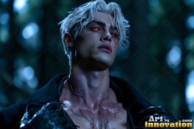 Looking up in the dark woods, a fair-skinned light-haired man with dark red eyes wears a black overcoat