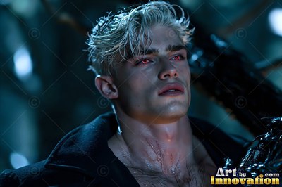 Wet blond hair falls over the red eyes of a pallid man outdoors at night in cool blue light