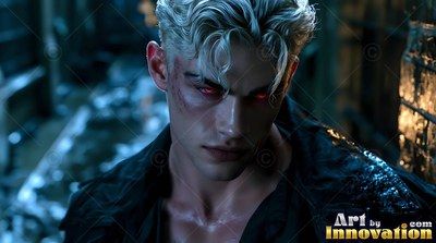 A blond man looks forward with red eyes as soft light catches his wet curls
