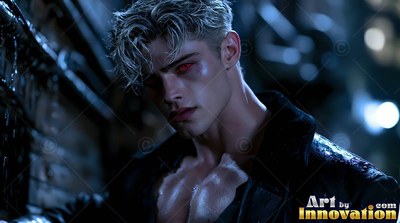 Leaning in a dark alley, a blond red-eyed man wears an open black coat