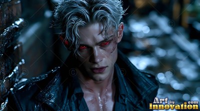 A bloodless man with messy blond hair and red eyes rests in a dark alley