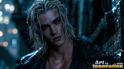 In a dark wet alley, a blond pale man with dark red eyes leans against a brick wall