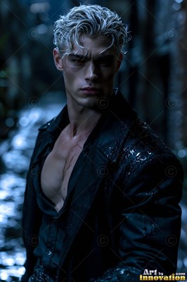 Standing in the rain, a pale fair-haired man wears an open black coat in a dark alley
