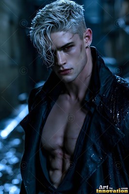 Blond man in an open dark leather coat on a wet street