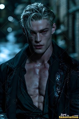 Wet blond hair hangs over the red-eyed man's face in a dark, blue city street alley