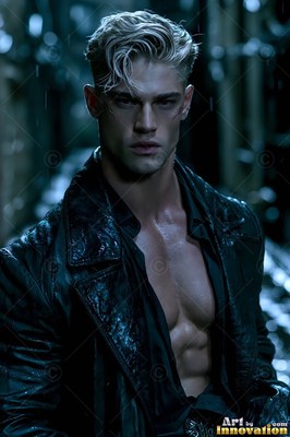 A blond man stands in an open black leather coat under dim teal night light