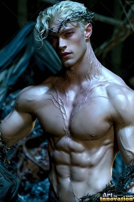 Standing half-turned in the dark woods, a shirtless blond man wears a thorn crown
