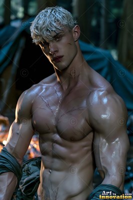 A muscular yellow-haired man with a scarred chest stands shirtless by a tent