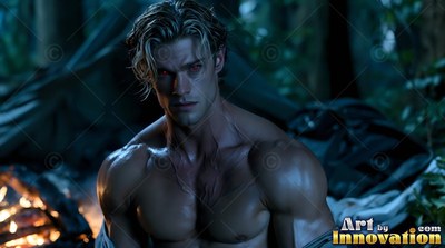 At a dark campsite, a shirtless man with blond hair and red eyes rests near a fire