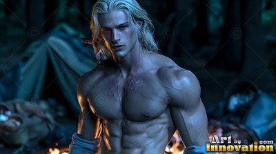 Long blond hair falling over bare shoulders, a muscular man stands at a dark campsite