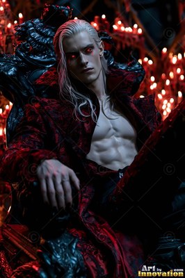 A pale blond man reclines on a dark throne, lit by blurred red candles