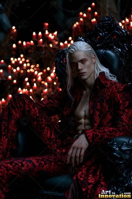 Reclining in a black chair, a pale blond man sits before red candles