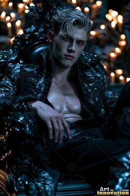 A pale yellow-haired man with dark red eyes sits in a dark chair by candlelight