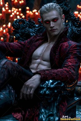 Before blurred candles, a pale, fair-haired man sits in a black chair wearing a red coat