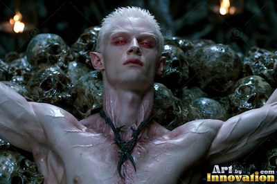 A pale blond man leans back against a pile of skulls under dim torchlight