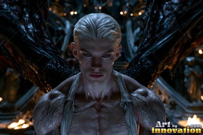 Facing forward in a dark stone hall, a fair-skinned yellow-haired man with black wings stares ahead