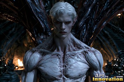 A pale, muscular man with pointed ears stands shirtless with dark bat wings in a dim hall