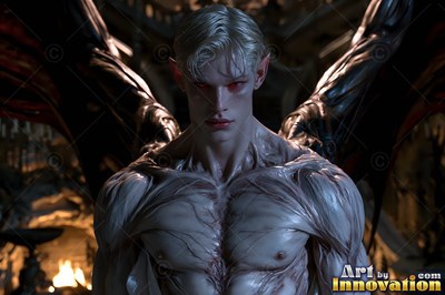 In a dark hall, a pale blond vampire man with bat wings stares ahead with red eyes