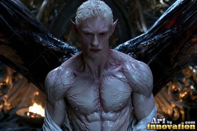 Spreading black bat wings, a pale muscular man with white hair looks forward