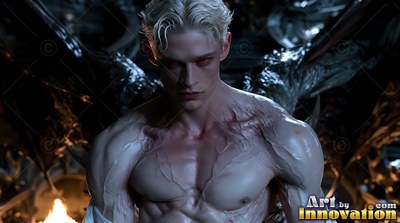 Shirtless blond vampire man with red eyes and dark wings behind him