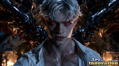 In an open white shirt inside a dim room, a white-skinned man with red eyes spreads dark wings