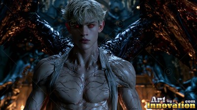 A pale, blond man with black bat wings looks ahead, his dark red eyes catching dim light