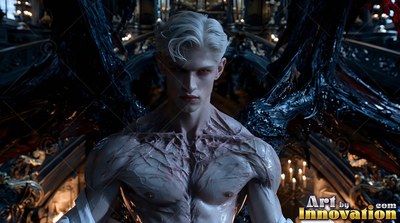 Facing forward in a dark hall, a shirtless pale man stands with black wings