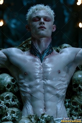 A pale shirtless red-eyed man rests back against a pile of skulls in dim light